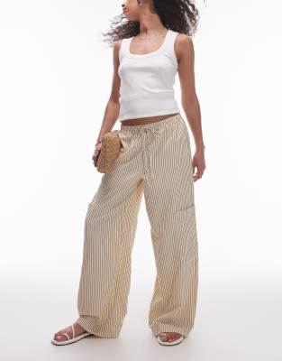 textured tie waist straight leg pants in neutral stripes