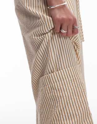 Topshop Textured Tie Waist Straight Leg Pants In Neutral