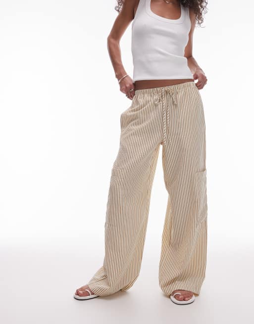 Topshop textured tie waist straight leg pants in neutral stripes, 3 of 5