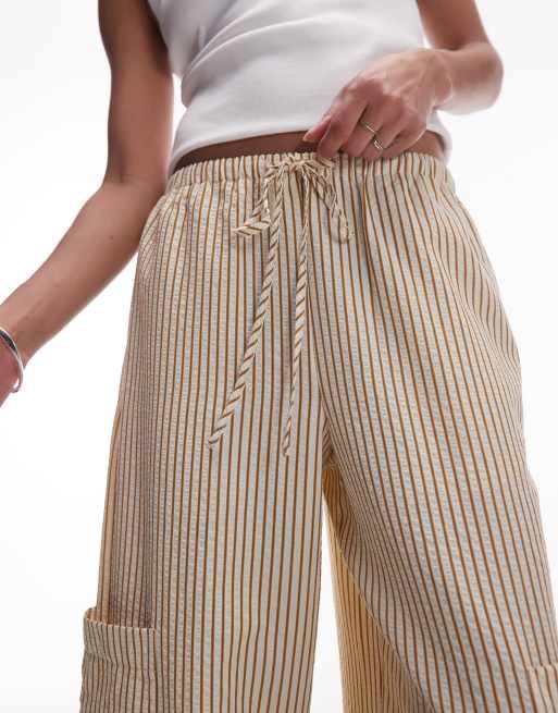 Topshop textured tie waist straight leg pants in neutral stripes, 4 of 5