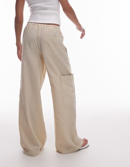 Topshop textured tie waist straight leg pants in neutral stripes, 5 of 5
