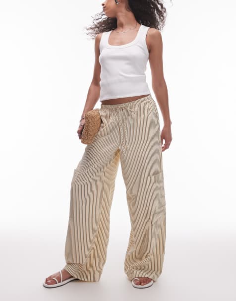 Topshop textured tie waist stripe straight leg pants in neutral - view 1