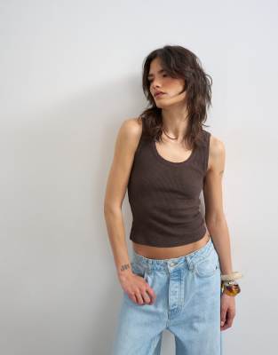 Topshop Textured Waffle Tank Top In Brown
