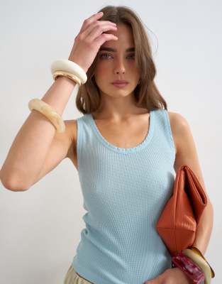 Topshop Textured Waffle Tank Top In Blue