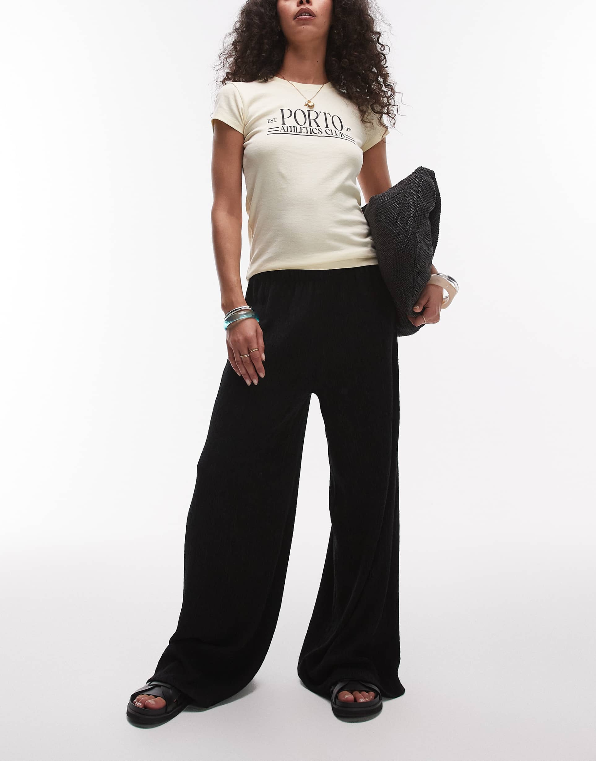 topshop textured wide leg pants in black