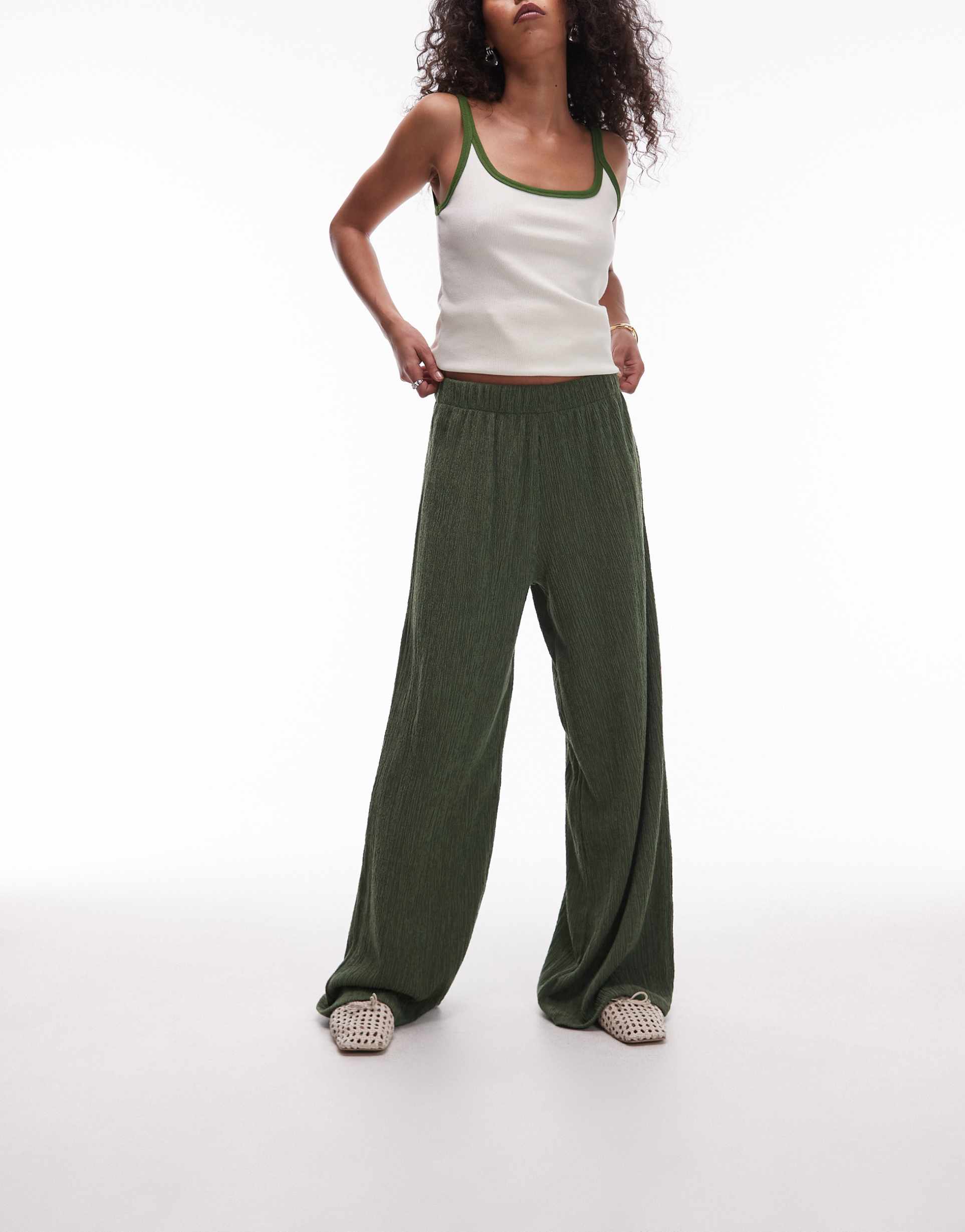 topshop textured wide leg pants in khaki green
