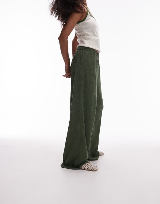 Topshop textured wide leg pants in khaki green , 3 of 5