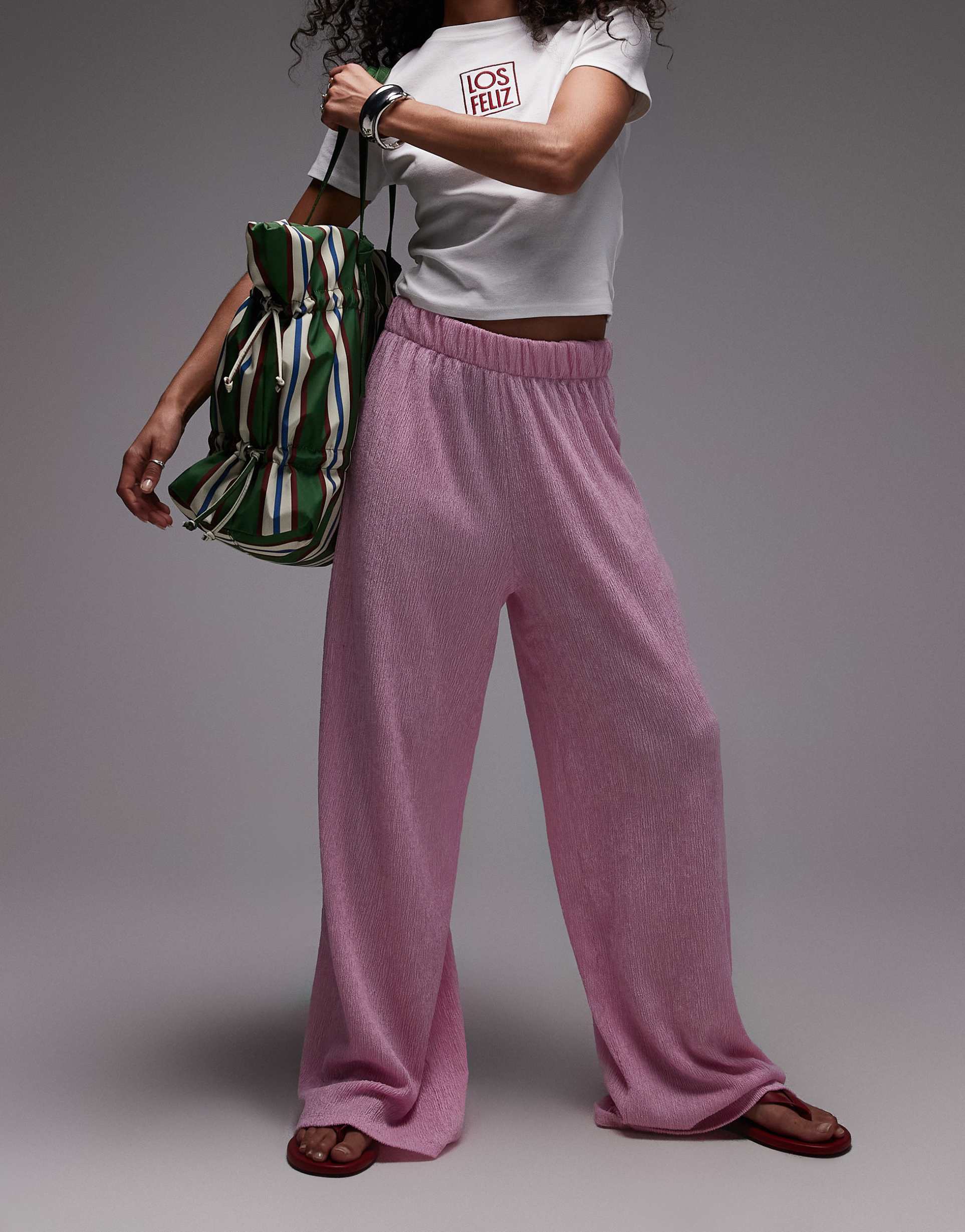 topshop textured wide leg pants in pink
