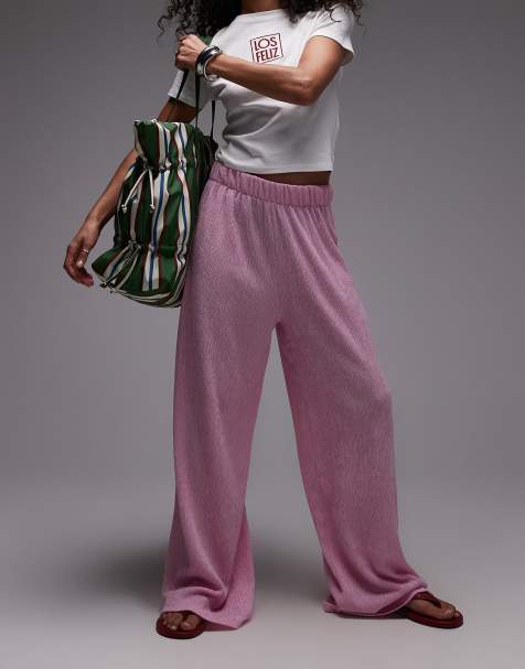 Topshop textured wide leg trousers in pink - view 1
