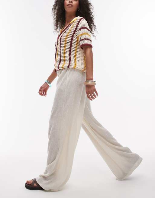 Topshop textured wide leg trousers in stone 	, 2 of 5