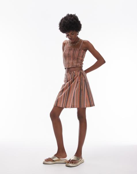 Topshop textured wrap beach skirt in brown stripe - view 1