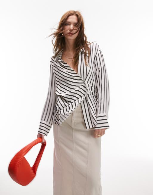 Topshop textured wrap stripe top in monochrome