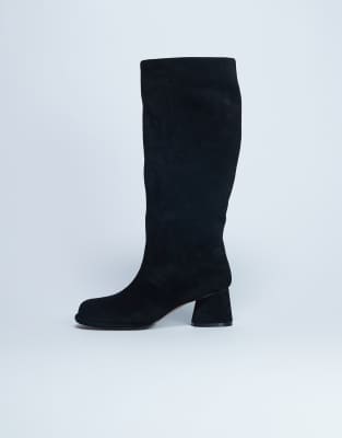 Thea - Bottes hauteur genou en daim véritable à talon carré - Noir 37
