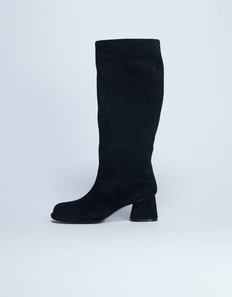 Topshop - Thea - Bottes hauteur genou en daim véritable à talon carré - Noir - view 1