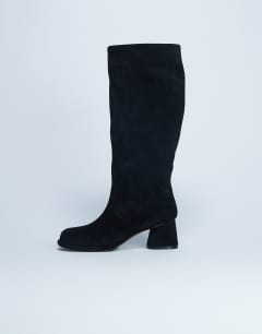 Thea real suede knee high block heel boot in black