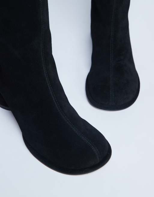 Topshop Thea real suede knee high block heel boot in black ASOS