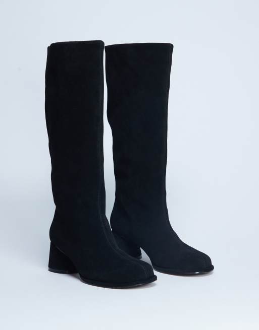 Topshop Thea real suede knee high block heel boot in black, 4 of 4