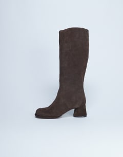Thea real suede knee high block heel boot in chocolate