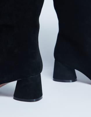 Topshop Thea Real Suede Knee High Block Heel Boots In Blue