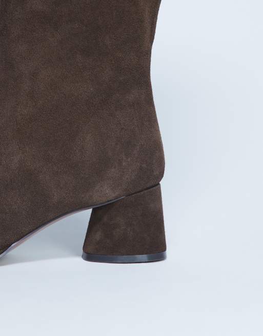 Topshop Thea real suede knee high block heel boots in chocolate