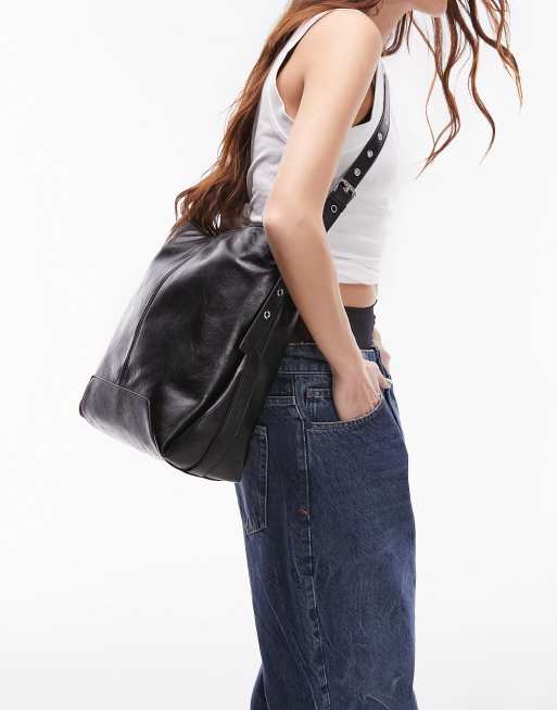 Topshop - Theo - Borsa shopping nera con dettaglio ripiegato e fibbia