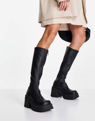 Topshop Theo premium leather chunky heeled sock knee high boots in black - ASOS Price Checker