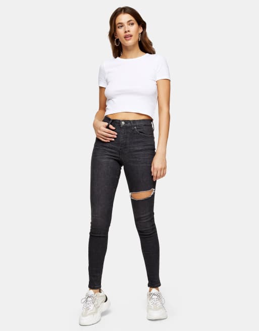 Topshop Thigh Rip Jamie Skinny Jeans In Washed Black Asos