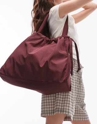 Topshop Thom Nylon Oversized Tote Bag With Ruched Detail In Burgundy-red