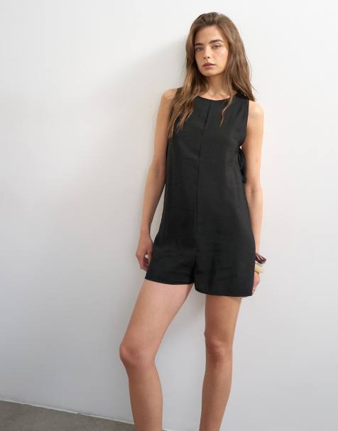 Topshop throw on boxy romper in black cupro - view 1