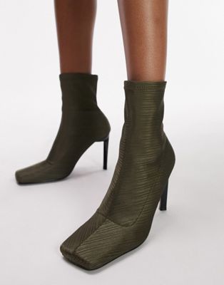 Topshop Tia high heeled sock boot in khaki