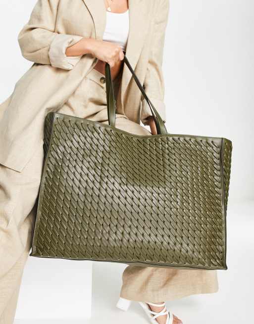 Topshop - Tia - Oversized geweven tote tas in olijfgroen