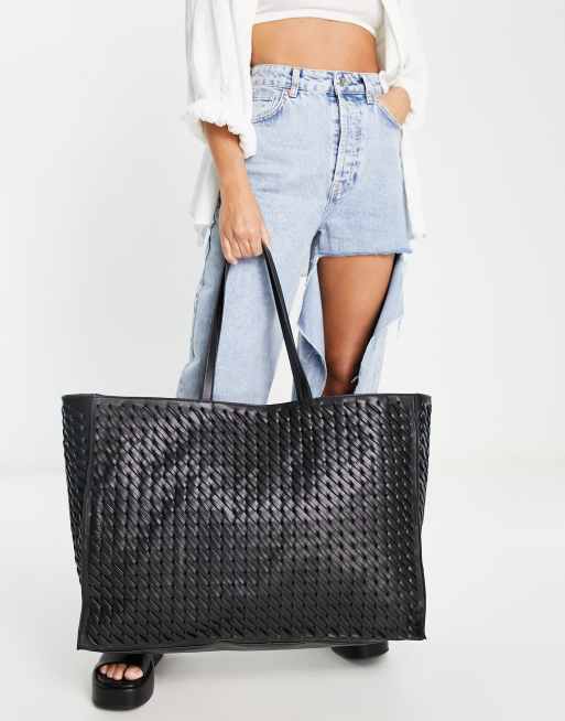 Topshop tia oversized weave tote bag in black