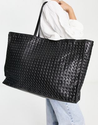 Topshop tia oversized weave tote bag in black