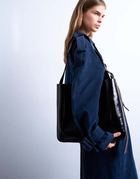 Topshop – Tiana – Hochwertige Tragetasche aus Echtleder in Schwarz und Braun mit Schnalle - view 1