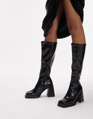 Topshop Tide knee high heel boot in black