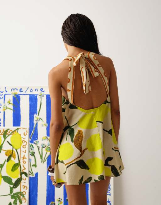 Topshop tie back a line mini dress in lemon print