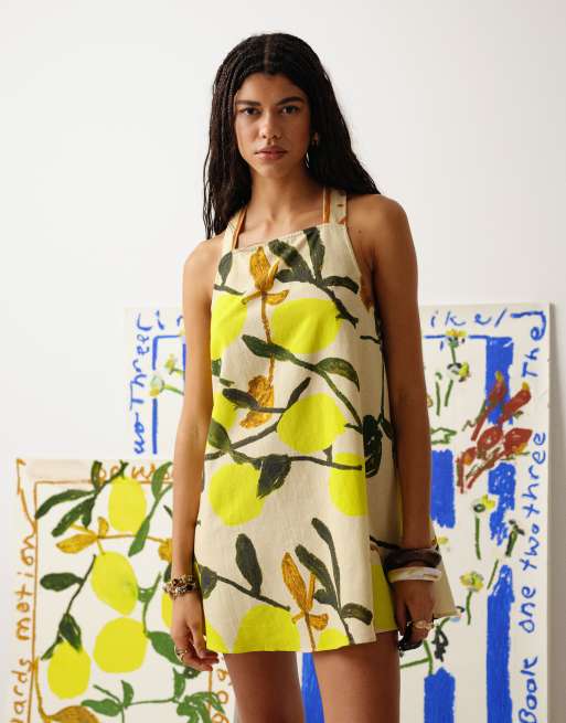 Topshop tie back a line mini dress in lemon print