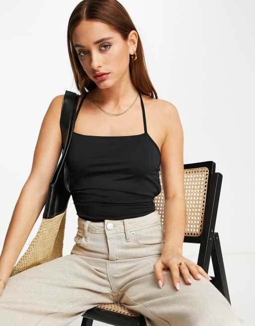 Topshop tie back halter bodysuit in black