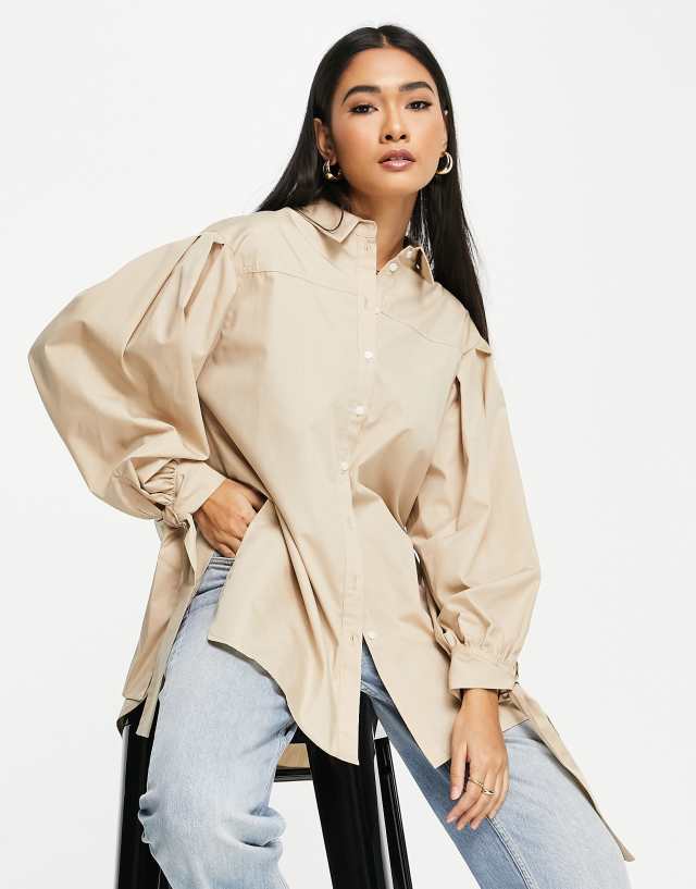 Topshop tie back oversized shirt in camel