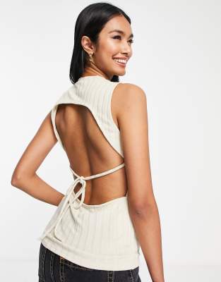 TOPSHOP TIE BACK RIB TANK TOP IN STONE-NEUTRAL