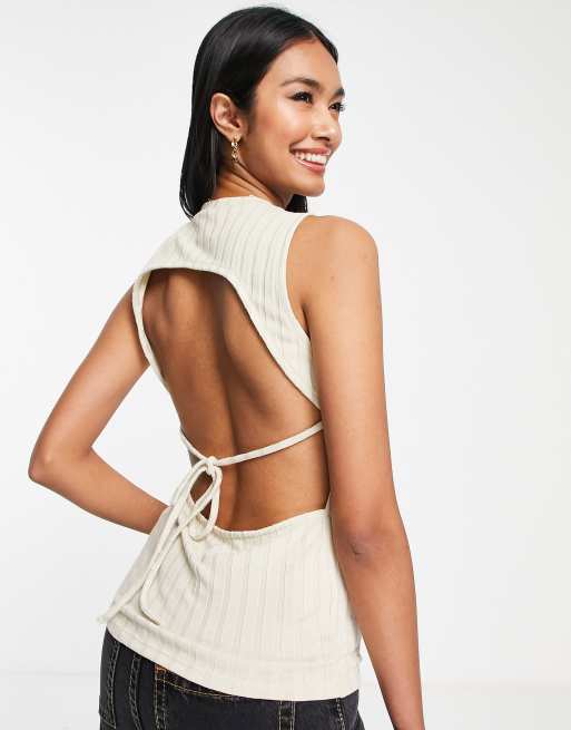 Roll Neck Sleeveless Crop Top In Stone Ribbed Knit