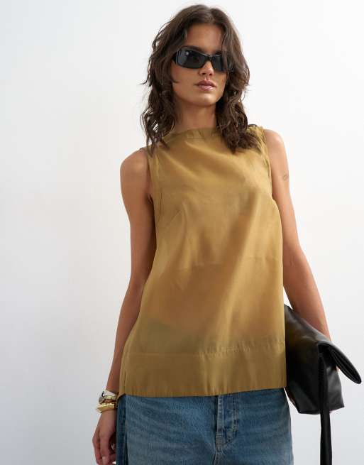 Topshop tie back sleeveless organza top in khaki, 2 of 4