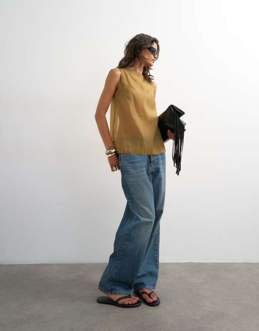 Topshop tie back sleeveless organza top in khaki, 3 of 4