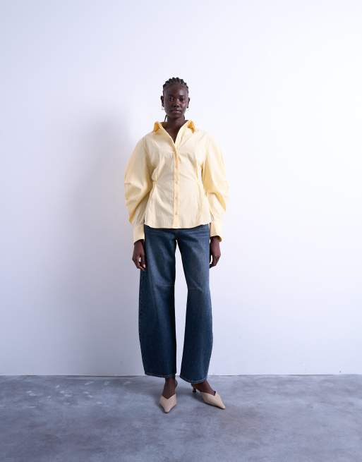 Topshop tie back waist long sleeve shirt in buttermilk