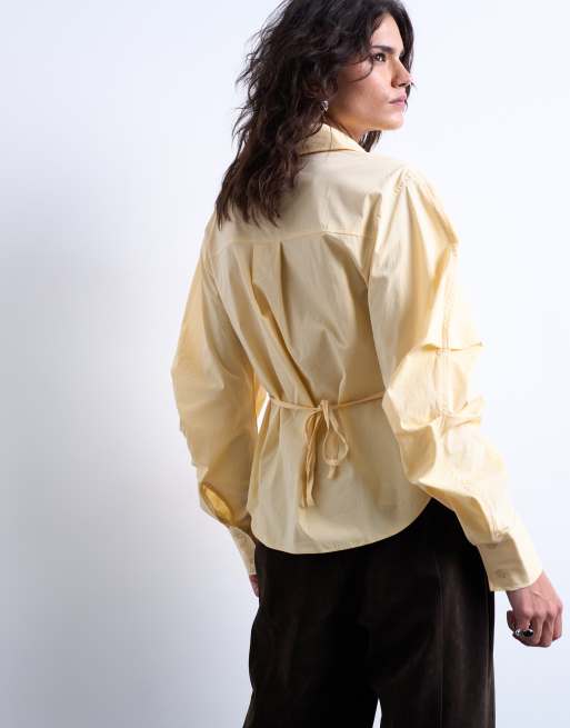 Topshop tie back waist long sleeve shirt in buttermilk, 3 of 4