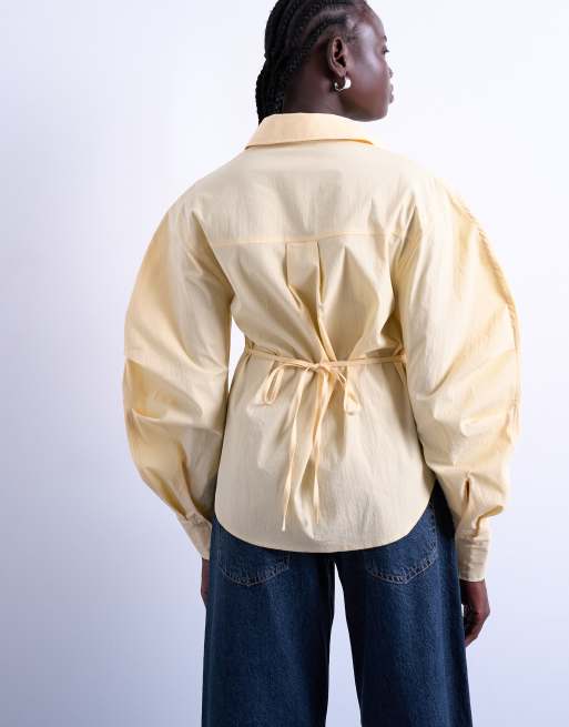 Topshop tie back waist long sleeve shirt in buttermilk