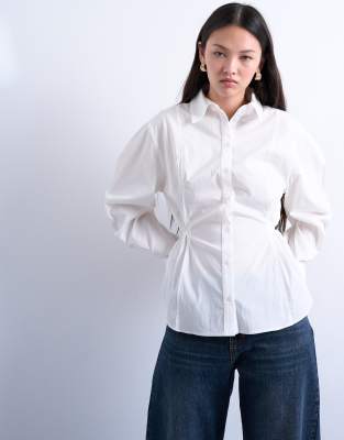 Topshop Tie Back Waist Long Sleeve Shirt In White