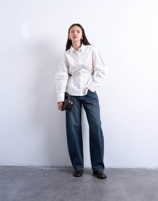 Topshop Tie Back Waist Long Sleeve Shirt In White