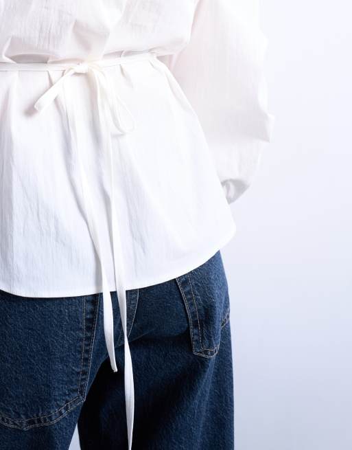 Topshop tie back waist long sleeve shirt in ivory, 3 of 4