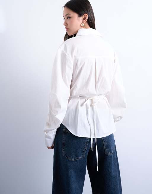 Topshop tie back waist long sleeve shirt in ivory